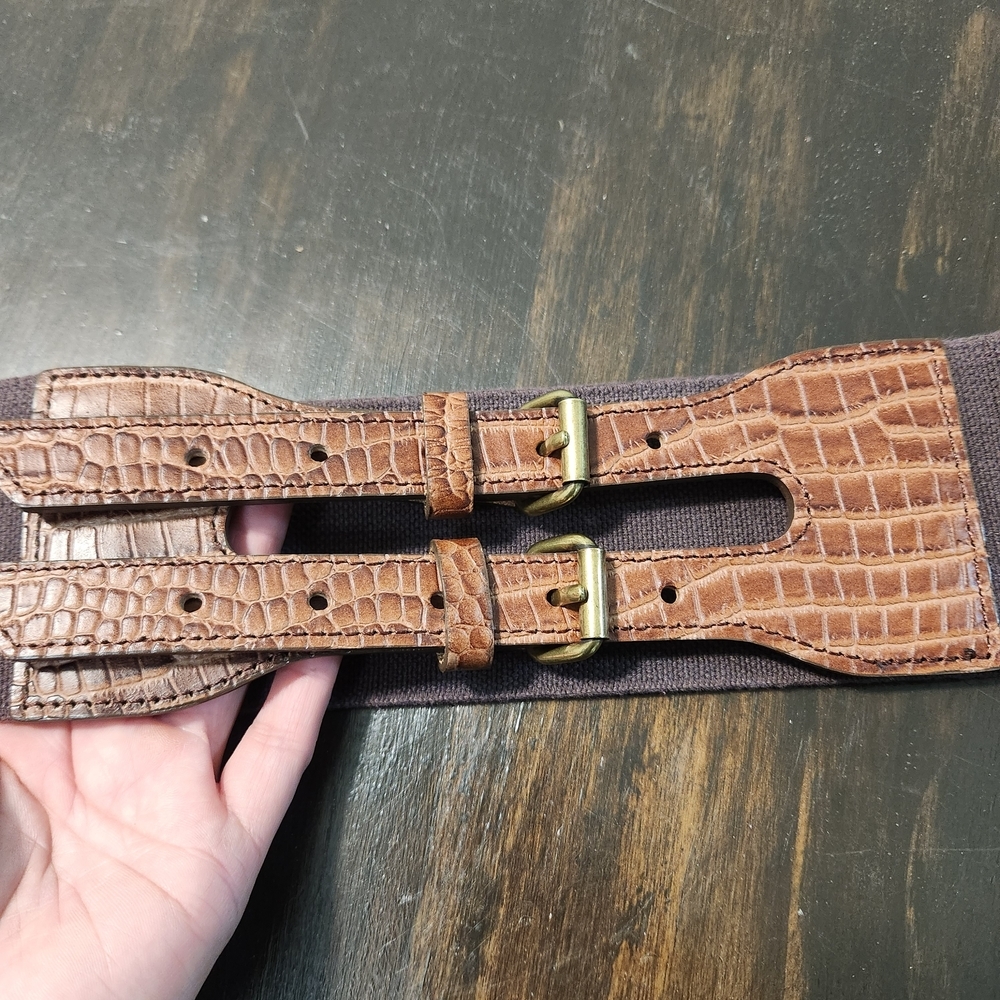 Brooks Brothers Brown Leather Elastic Croc Embossed Double Buckle Belt S/M - Picture 2 of 9